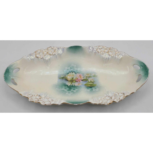 Antique 1890s RS Prussia Gold Trimmed Reflecting Water Lilies 9.5" Celery Dish - Picture 3 of 10